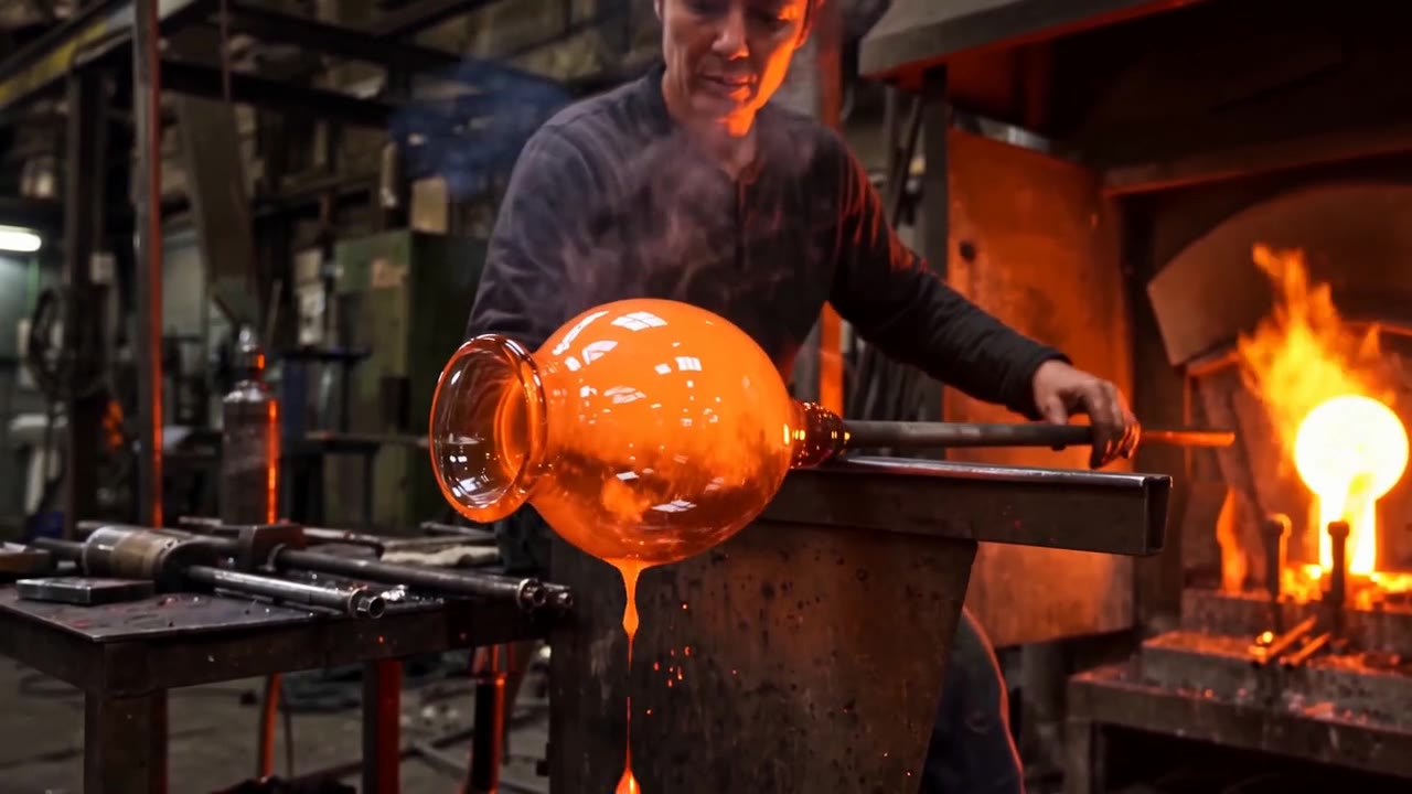 A glassblower in a dark workshop rests a metal pipe on a steel stand; a glowing orange glass vase sits on its end and a furnace burns at the right.
