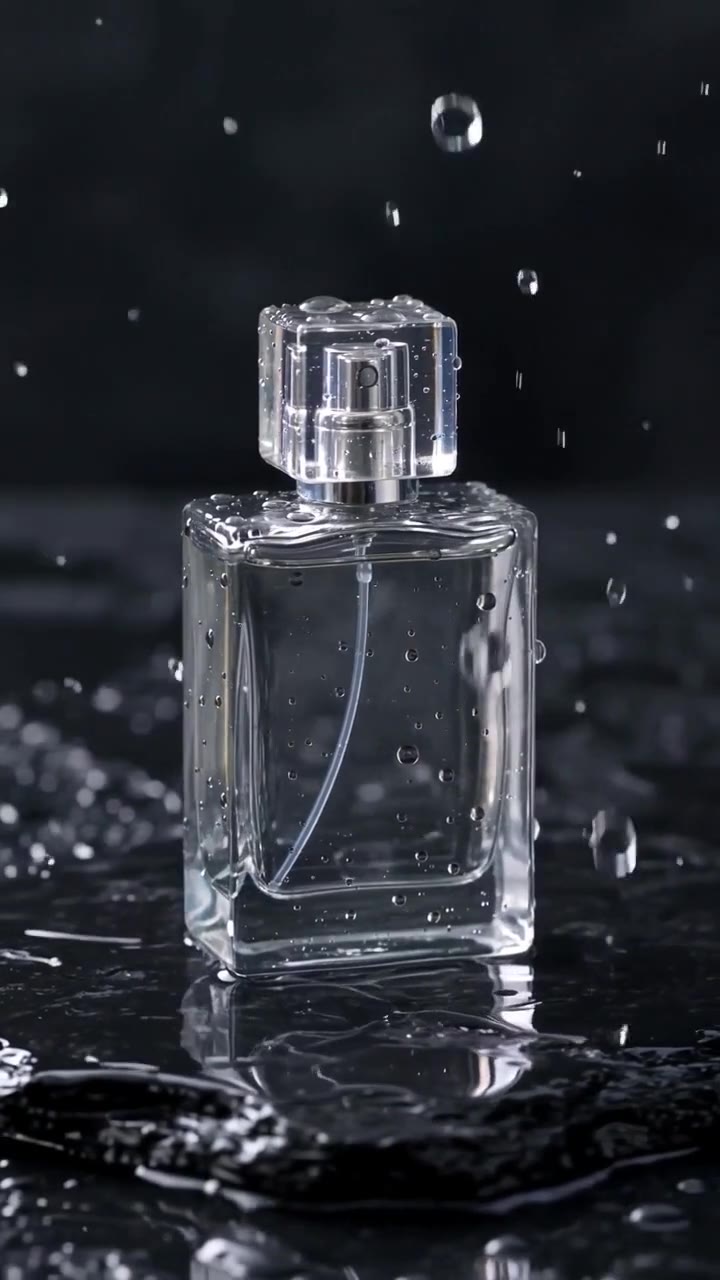 A clear, unbranded glass perfume bottle with a square cap stands on wet black stone while water drops fall around it against a dark background.