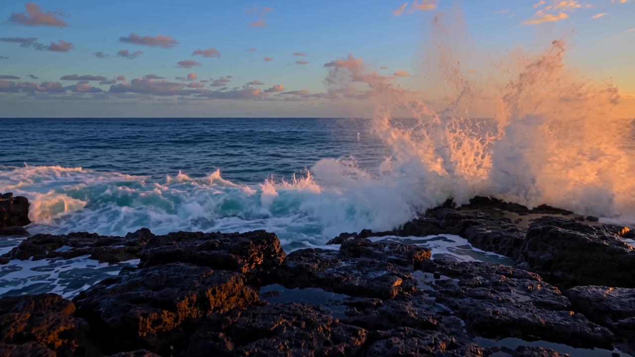 A wave breaks against dark volcanic rocks at dusk and throws up a tall plume of spray lit orange by the low sun, with blue sea and scattered clouds behind.